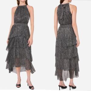 Halogen Plisse' Metallic Tiered Midi Cocktail‎ Dress in Silver and Black NEW